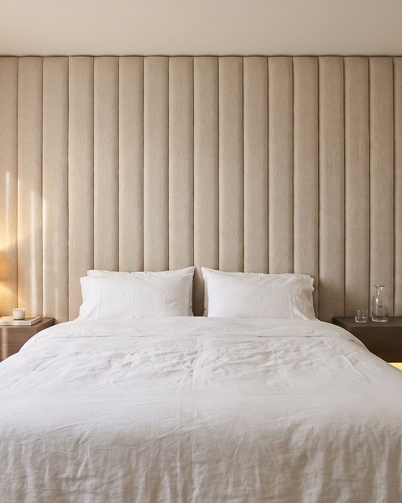 Upholstered bed with matching bedside units and media wall
