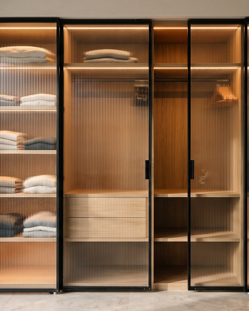Fluted glass wardrobe shutters in slim aluminium frames