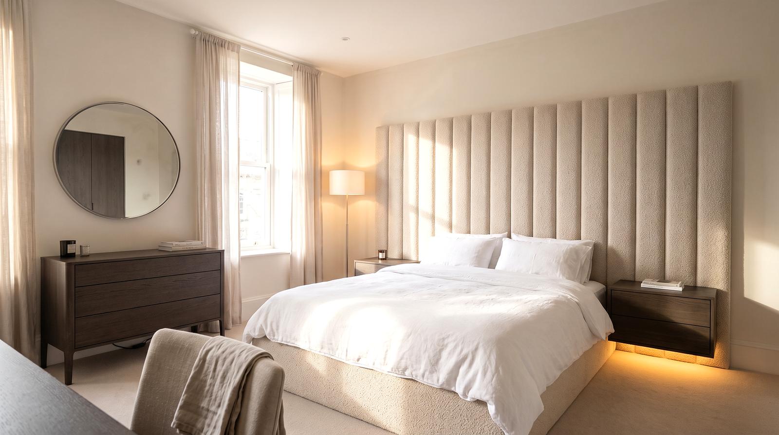 Fitted bedroom with upholstered headboard and matching dresser