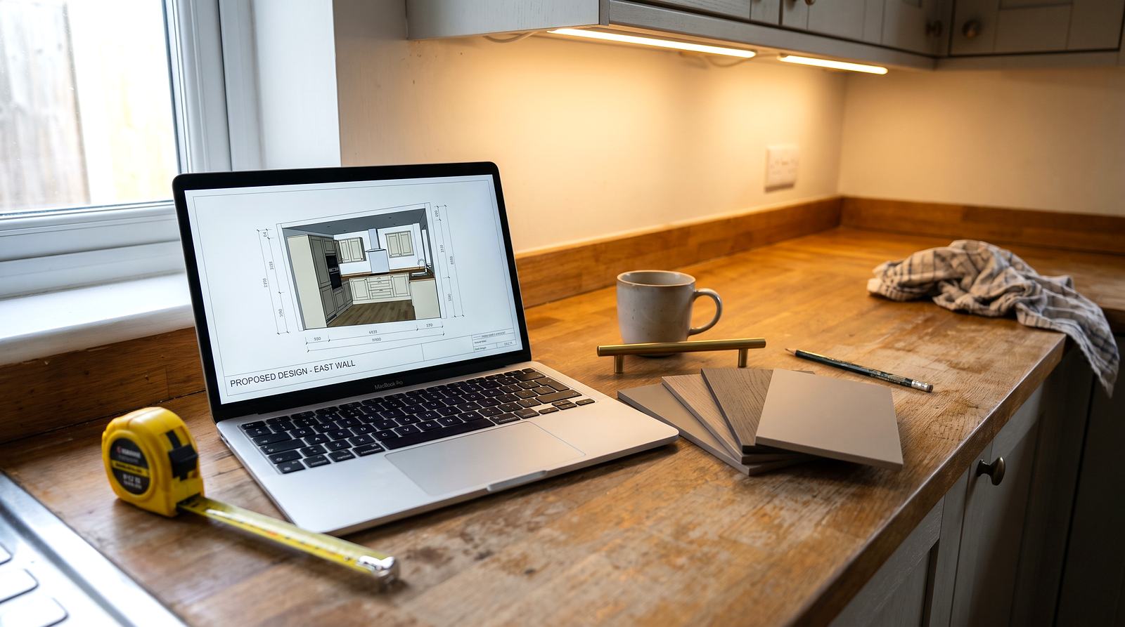 Kitchen design on screen beside door and finish samples