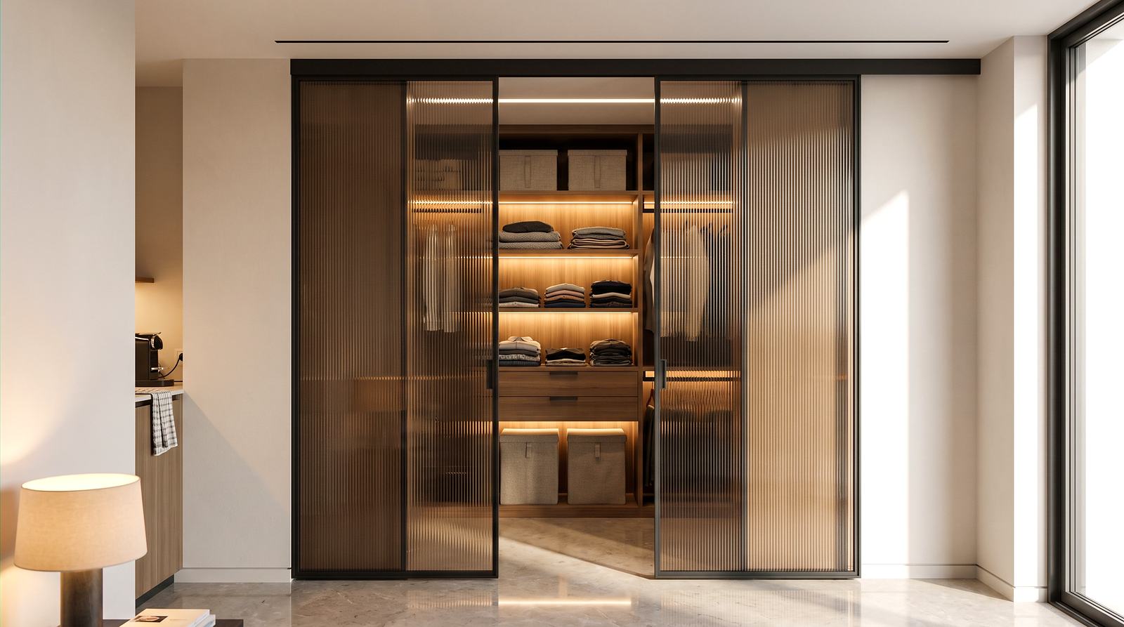 Fluted glass wardrobe shutters in slim aluminium frames