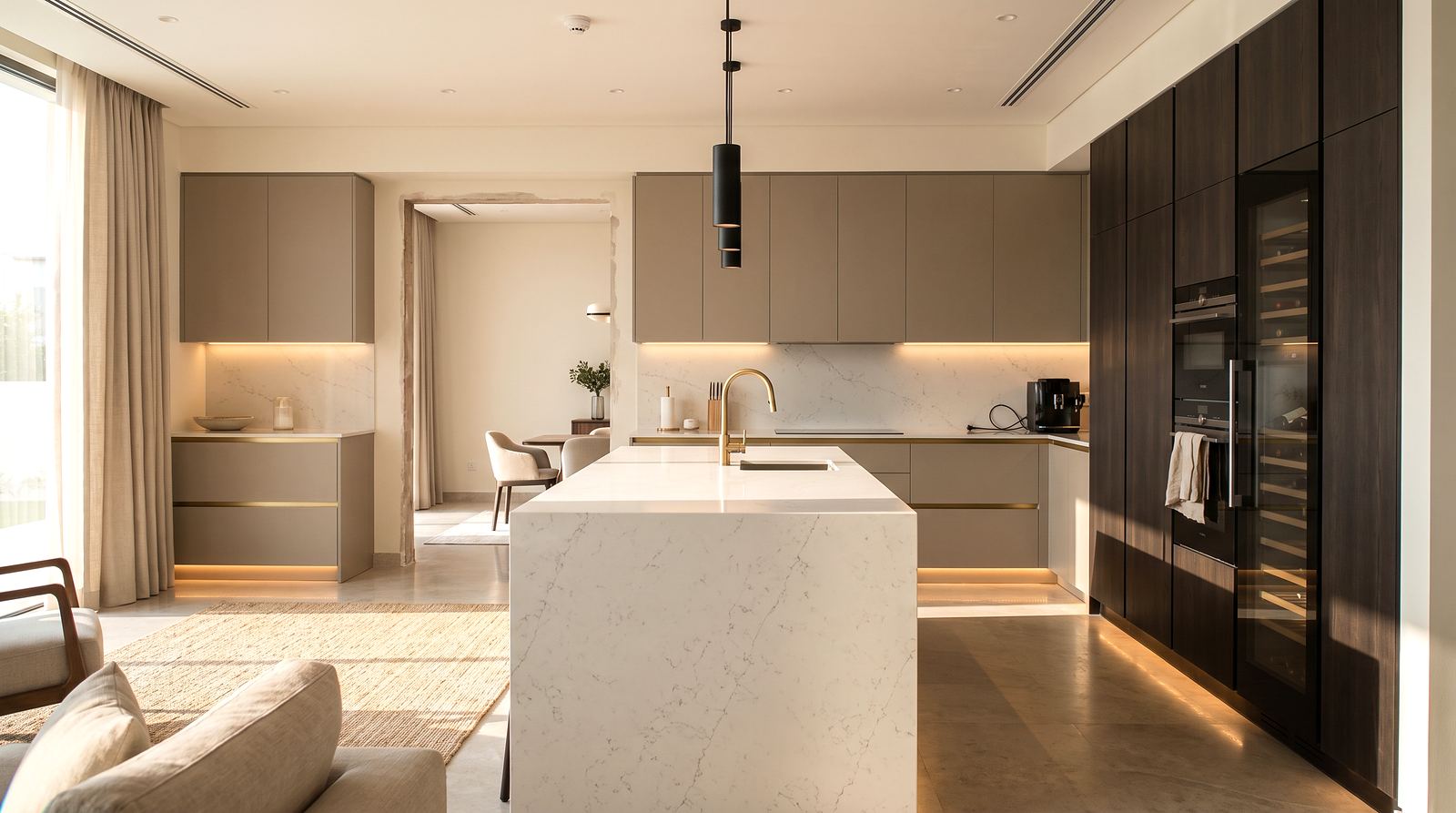 Custom island kitchen opening onto a dining area