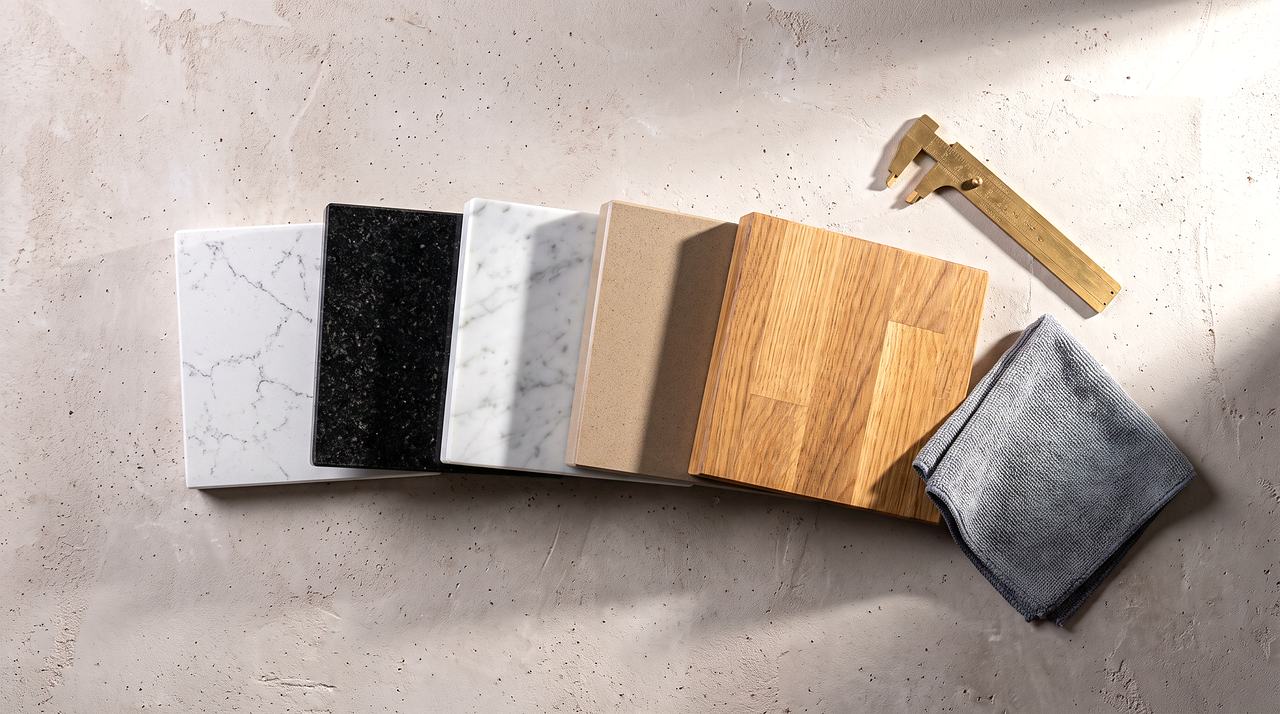 Worktop samples in quartz, granite, marble and oak