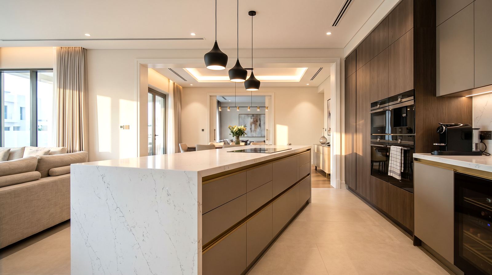 Open-plan kitchen running into a living room