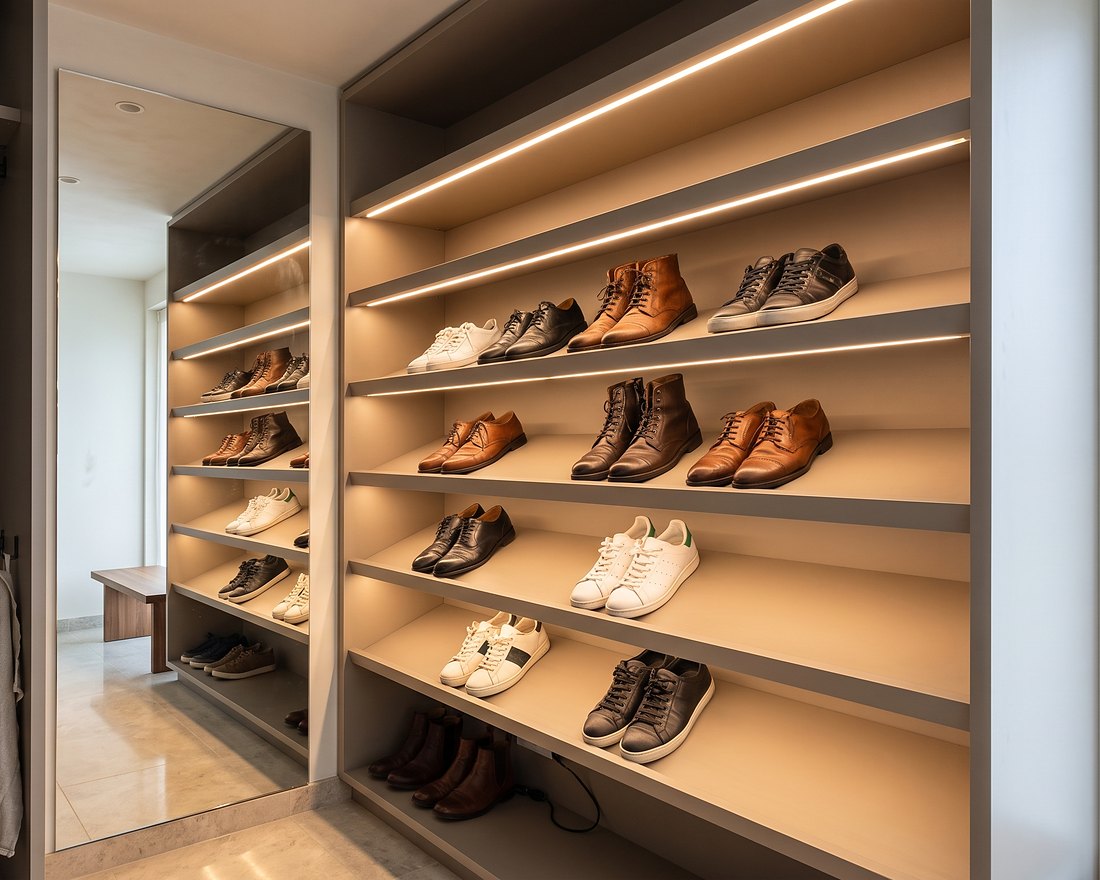 Walk-in wardrobe with LED-lit open shelving and drawer island